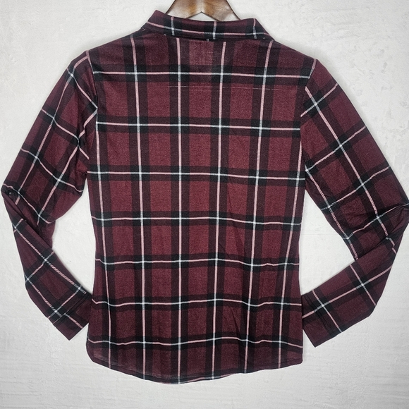 Womens Large Long Sleeve Pockets Button Front Plaid Burgundy Black - Picture 5 of 16